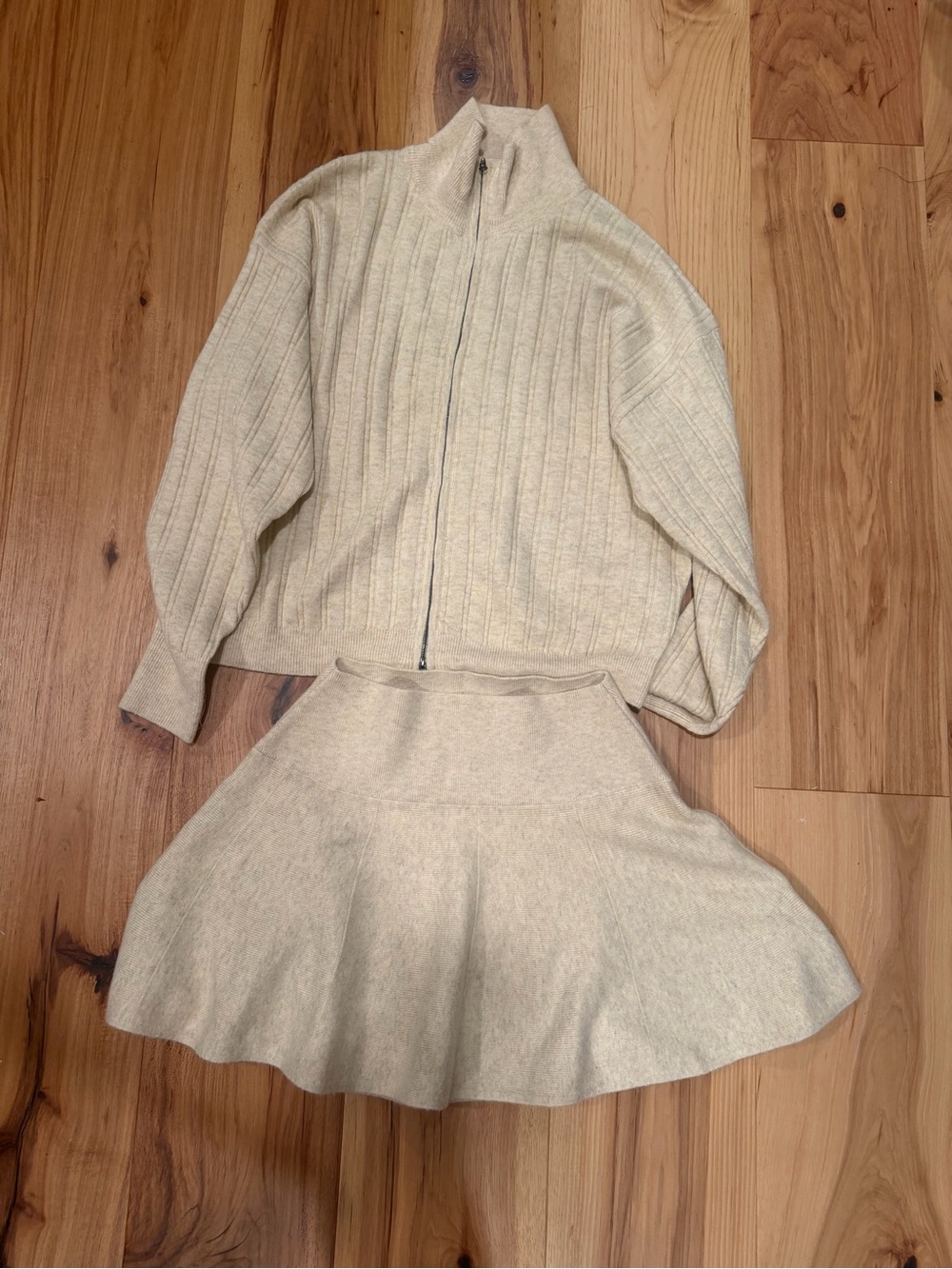 Free People Cream Ribbed Zip-Up Knit Jacket and skirt set